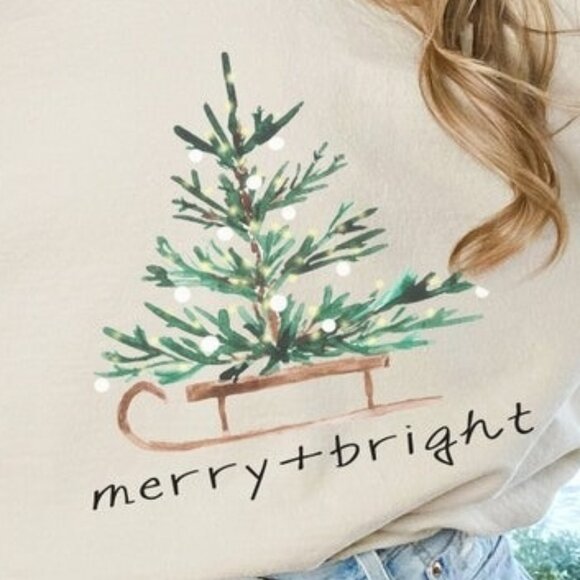 Merry And Bright Christmas Sweatshirt Cozy Tree Pullover Winter Holiday Gift 05 - Picture 2 of 5